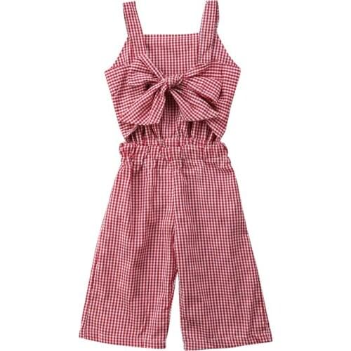 Fashion Girl Romper Summer Toddler Kids Red Plaid Tank Tops Trousers Jumpsuit Bow Clothes Outfits 1-6T