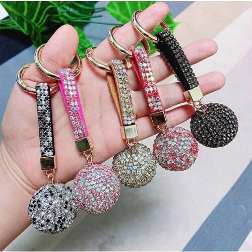 Fancy&Fantasy New Strass Rhinestone High Quality Leather Strap Crystal Ball Car Keychain Charm Pendant Key Ring For Women