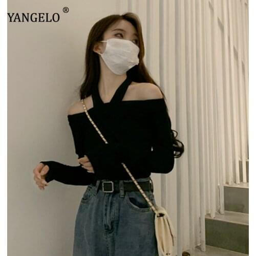 Gothic Autumn 2021 New Womens Angle Shoulder Neck Pullover Long Sleeve T Shirt Halter Bodycon Solid Girls Y2K Tops Black