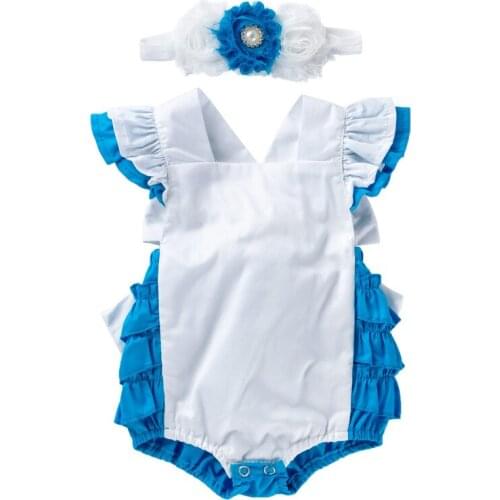 New baby girls summer dress romper fresh back cross jumpsuit infant Cinderella blue white flying sleeves robe