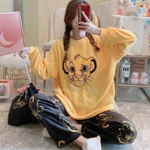 Disney Girl Autumn And Winter Flannel Pajamas Mickey The Lion King Print Cartoon Storage Bag Warm Plush Pajama Suit