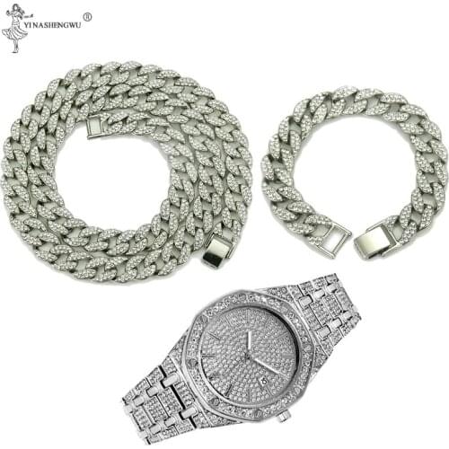 Necklace Watch Bracelet Iced Out Hip Hop Miami Curb Cuban Chains Paved Rhinestones CZ Bling Rapper For Men Jewelry width 15mm