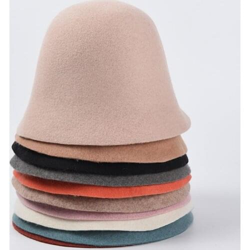 Bucket hat female autumn and winter new woolen fisherman hat Japanese pure color wild elegant top hat Korean felt hat кепка