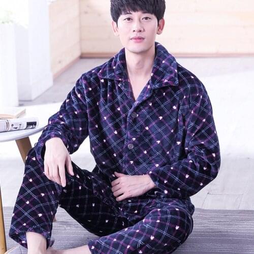 Pajamas Set Men Winter Warm Stripe Sleepwear Print Thick Flannel Pyjama Long Sleeve Pants V-Neck Shirt Man Home Pjs