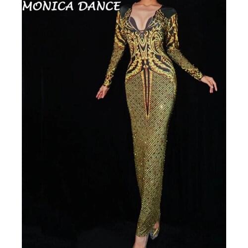 Gold Printed Rhinestones Dress Dance Costume Nightclub Costume Female Singer Sexy Stage Dress Womens Birthday Celebrate Outfit