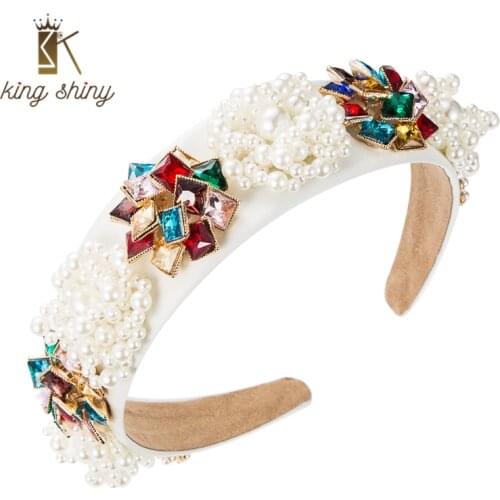 King Shiny Luxury Baroque Imitation Pearl Headband Luxury Multi Color Geometric Square Crystal Beaded Hairband Girls Tiara Bezel