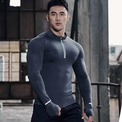 Sport Men T-shirt with Zipper Quick Dry Long Sleeve compression Sportswear Men Fitness Outdoor Running Trainining Clothing Gym