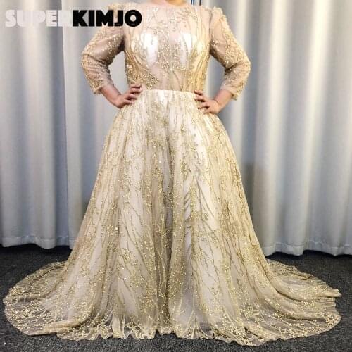 SuperKimJo Crystal Ball Gown Prom Dresses 2020 Luxury Gold Beaded Long Sleeve Modest Prom Gown Vestidos De Graduacion Largos