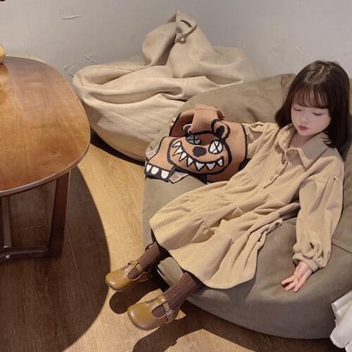 Spring Childrens Long Sleeve Lapel Collar Corduroy Ruffles Dress+Cartoon Bear Vest Waistcoat Girls Kids 2Pcs Clothes Vestidos