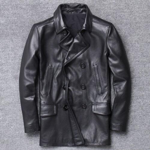 Genuine Leather Clothing Male Head Layer Cowhide Long Section Two Row Buckle Will Lapel Self-cultivation Skin Vintage