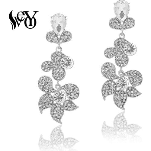 VEYO Rose Shape Full Rhinestone Dangle Earrings for Women Luxury Drop Long Earrings Fashion Jewelry New