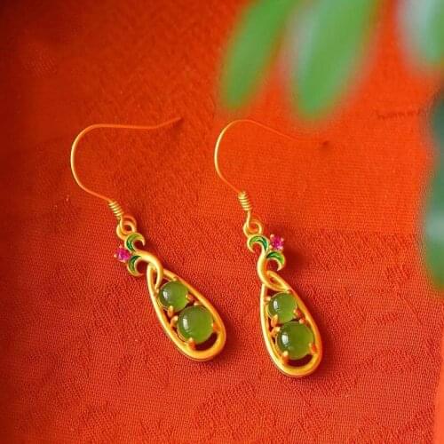 Fu Dou Super Ying Runyang Green Tourmaline Earrings S925 Sterling Silver Gilding Enamel Small Flower Earrings Womens Retro Eth