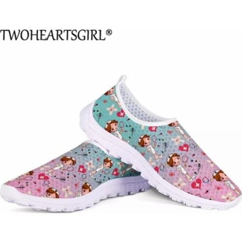 Twoheartsgirl Cute Nurse Print Womens Shoes Slip On Mesh Sneaker Brand Design Gradient Girl Flats Nursing Shoes Female Footwear
