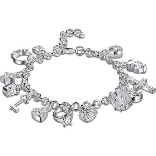 New 925 Silver Stars Moon Cross Multiple Pendant Bracelet Ladies Wedding Party Charm Jewelry Gift