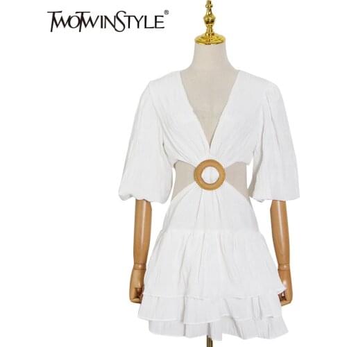 TWOTWINSTYLE White Sexy Dress For Women V Neck Lantern Half Sleeve Hollow Out High Waist Mini Dresses Female Summer New Clothing