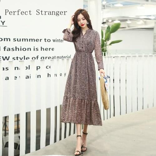 2021 Spring Summer Women Long Sleeve Dress Retro Printed Dress Elegant Leopard Holiday Long Chiffon Dress Lady