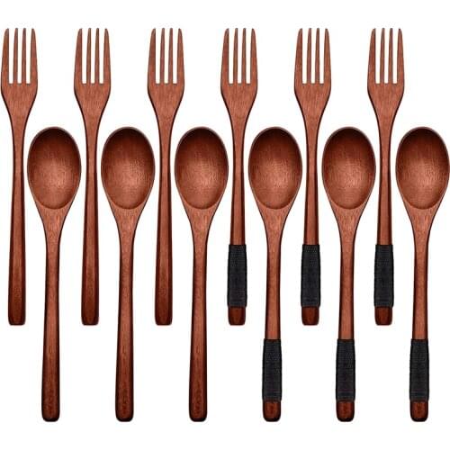 12 Pcs 9 Inch Wooden Spoons Forks Set Flatware Set Wood Cutlery Set Reusable Wood Spoons Forks Tableware Set