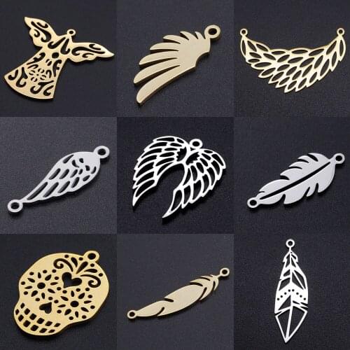 5pcs/lot Angel Wing DIY Charms Wholesale 100% Stainless Steel Feather Connectors Charm Angels Hamsa Hand Skull Jewelry Pendant