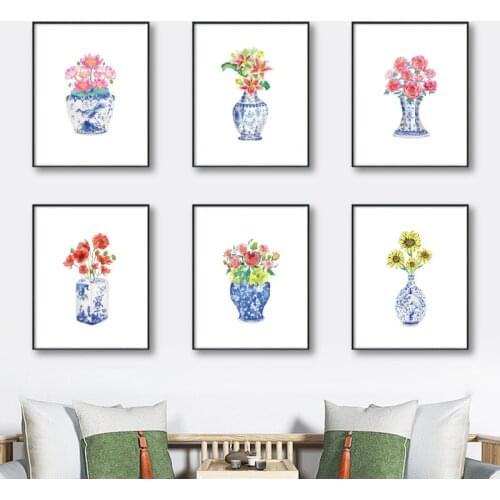 Watercolor Chinoiserie Vases with Flowers Posters Print Blue and White China Porcelain Art Canvas Painting Picture Wall Decor