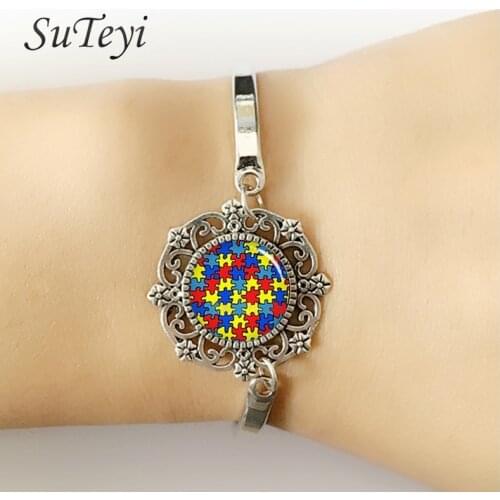 SUTEYI Autism Heart bracelet colorful Autism Awareness Puzzle Pieces charm bracelets women jewelery Take Care of autism