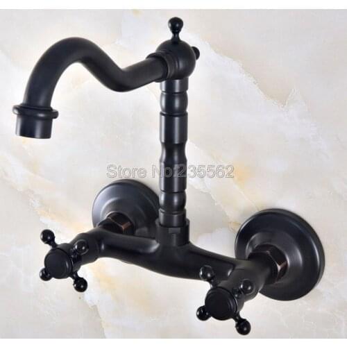 Oil Rubbed Black Bronze Wall Mounted Swivel Spout Bathroom Sink Faucet Double Handle Mixer Tap lnf819