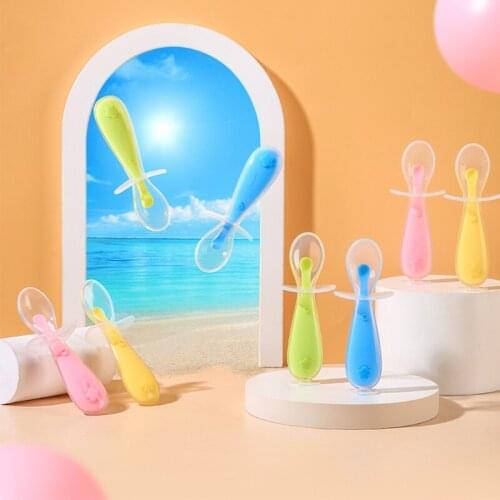 Kids Silicone Spoon Cute Short Handle Training Tableware Baby Water Feeding Spoon With Baffle Learning Eat Children Dinnerware