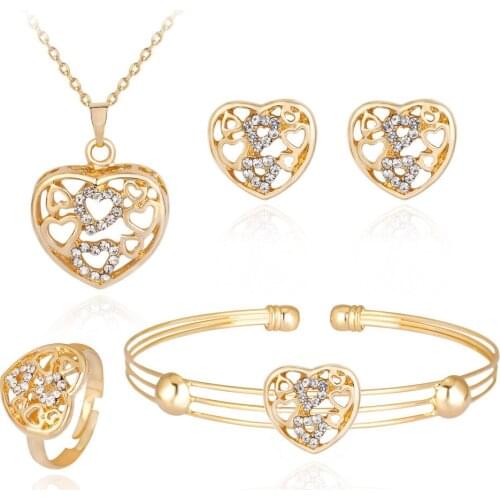 HC 4 Pcs Gold Color Design Heart Drop Hollow Out Jewelry Sets Carved Crystal Bracelet Ring Small Jewelry Sets Girl Kids Gifts T