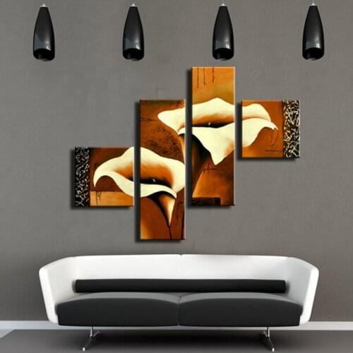 Gold Calla Lily Oil Painting 4 Panel Flower Canvas Painting Hand Painted Abstract Flower Oil Painting for Living Room Decorative