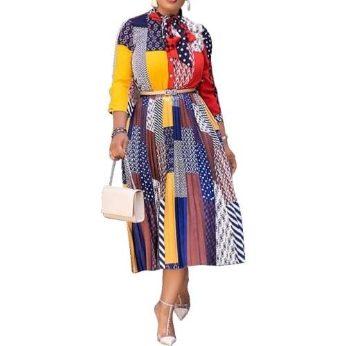 African Dress For Elegant Women Printed Bowtie 3/4 Sleeves Midi Dress Office Ladies Work Wear Vestidos Spring Summer Clothes