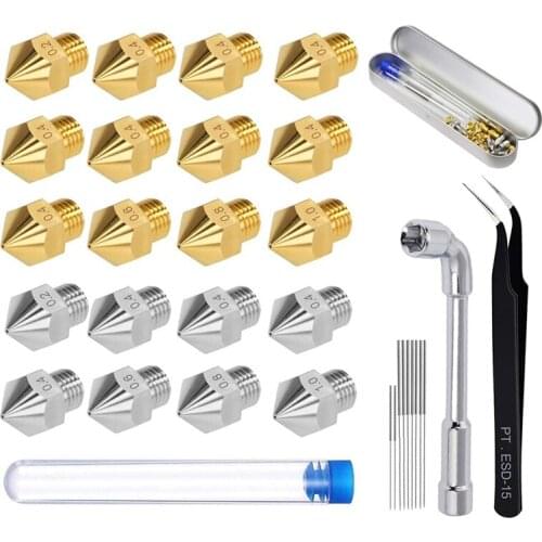 20Pcs 3D Printer Nozzle Kit, Brass+Stainless Steel MK8 Nozzles Extruder Print Head with Nozzle Cleaner Tool