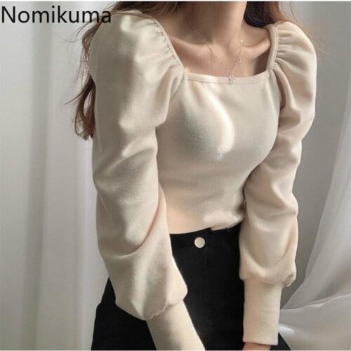 Nomikuma Korean Chic Autumn Puff Long Sleeve Knitwear 2020 New Square Collar Solid Slim Knitted Tops Women Basic Pullover 6C180
