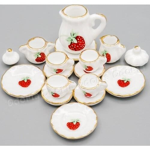 Odoria 1:12 Miniature 15PCS Tea Cup Set Strawberry and Golden Trim Porcelain Tableware Kit Dollhouse Kitchen Accessories