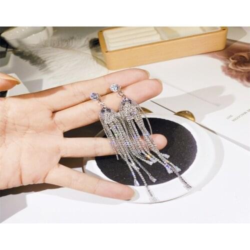 Fashion Long Tassel Full Rhinestone Drop Earrings for Women Shiny Ziron Crystal Stud Earrings for Women Party Bridal Jewelry