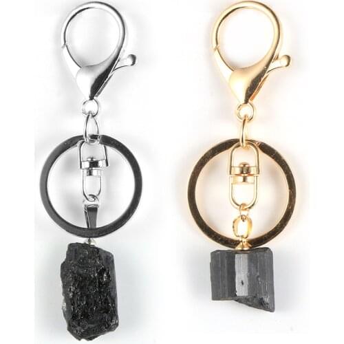 Natural Gem Stone Black Irregular Tourmaline Key Chain Alloy Lobster Clasp Key Ring Keychain Fashion Jewelry