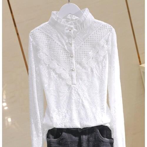 2021 Spring New Lace Women Shirts Solid Ruffles Hollow Out Patchwork Long-Sleeved Slim Office Lady Elegant Outwear Tops