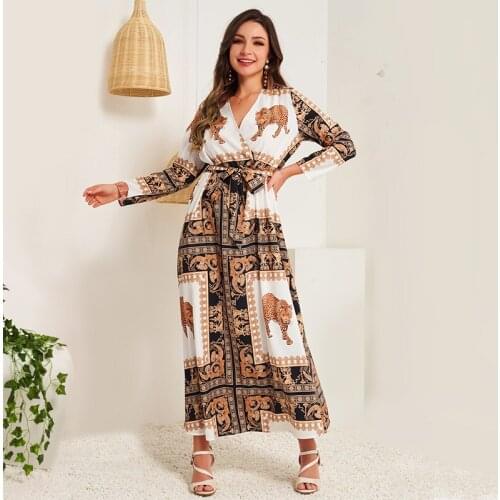 New Products Ladies Fashion V-neck Long Sleeve Slim Animal Retro Printed Belt Long Ladies Style A-line Dress