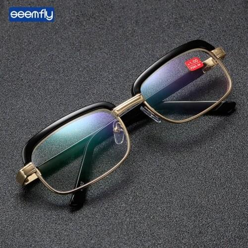 Seemfly Vintage Metal Frame Reading Glasses Blue Film Glass Lens Eyeglasses Presbyopic Spectacles Men Women Diopters +1.0 +4.0