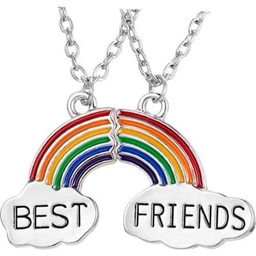 2pcs/Set Best Friends Rainbow Pendant Necklace Jewelry Silver Chains Charm BFF Necklaces Gifts for Men Women Couple Friends