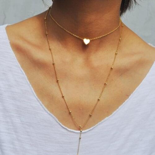 Simple Classic Heart Pendant Necklace For Women Layer Sweater Chain Long Double Chain Beads Copper Necklaces Long Strip Jewelry