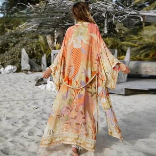 Mermaid Print Beach Kimono Holiday Bohemian Slim Pockets Cover-Up Swimwear Oversized Split Sexy Long Sleeve Cardigan