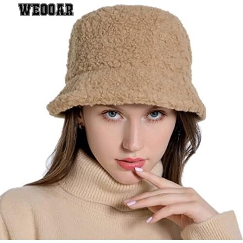 WEOOAR Lambswool Bucket Hat for Women Winter Panama 2021 Casual Fishing Outdoor Cap Female Warm Fisherman Hats Sun Gorro MZ160