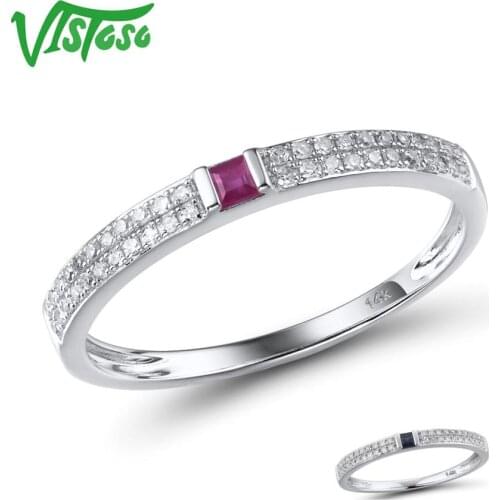 VISTOSO Genuine 14K White Gold Stackable Ring For Lady Sparkling Diamond Fancy Ruby/Sapphire Engagement Anniversary Fine Jewelry