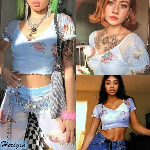 Women Print Short T-shirts 2019 New Women Summer Blue Sheer Mesh Short Sleeve V Neck Angel Print Short T-Shirt