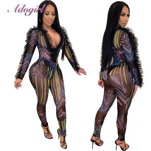 Women Night Party Outfit Two Piece Set Sexy Print Ruffle Sheer Mesh Bodysuit Tee Tops Skinny Pencil Pants Suit Female Tracksuit