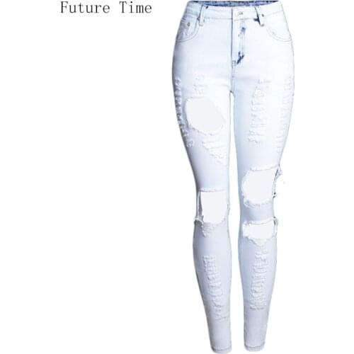 Big Hole Women Jeans Mid Waist Hot Sale Personality Beggar Hole Elastic Slim Full Length Pencil Pants Casual Female Jeans NZ256