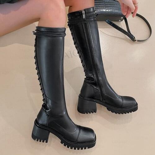 LAIGZEM Women Knee High Boots Zip Up 5CM Block Thick Heels Boots Faux Leather Black Beige Comfortable Shoes Woman Size 39 41