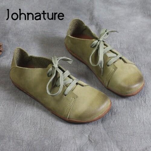 Johnature Genuine Leather Flats Women Shoes Spring/Autumn 2021 New Lace-Up Handmade Soft Retro Comfortable Concise Ladies Shoes