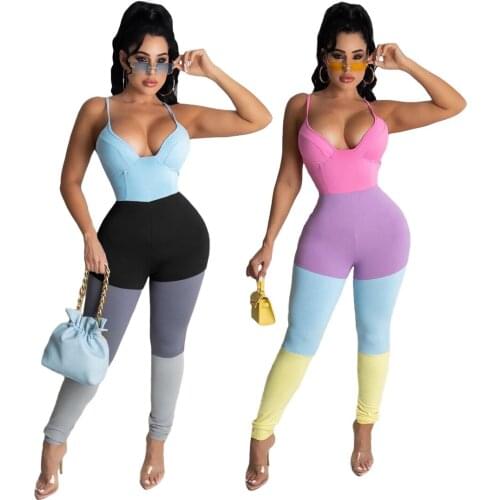 Echoine Women Bandage Sexy Patchwork Sleeveless Strap V-neck Party Beach Jumpsuits Full Pant Bandage Rompers outfit bodysuit