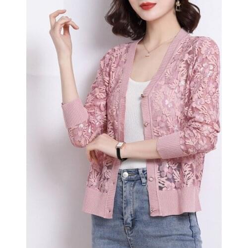 2021 Spring Summer Patchwrok Ice Silk Knitted Cardigans Coat Short Lace V-Neck Women Tops Coats Female Fashion Knitted Cardigan