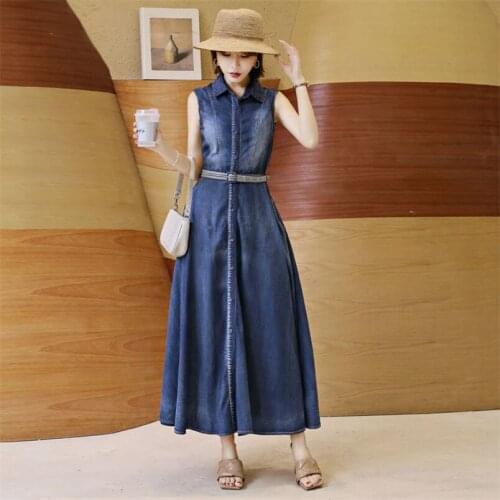 100% Cotton Summer Women Denim Dress 2020 Vintage Dresses Turn-down Collar High Waist Sundress Q8155 Embroidery Belted Vestidos